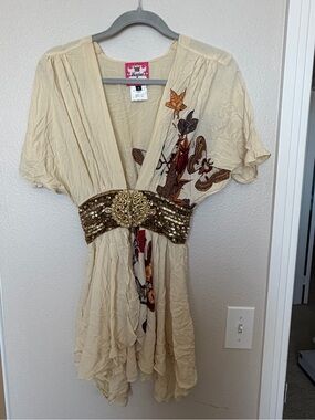 Meghan LA Cream Floral Embroidered Tunic with Gold Beaded Waistband